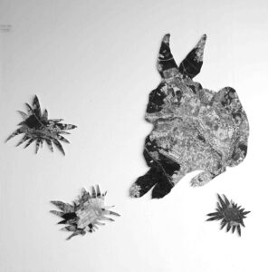 The hungry hare; Der Hase hat Hunger 1.(2); Digitalprint-Cut als Wandinstallation; ca. 2x2 m;; 2017